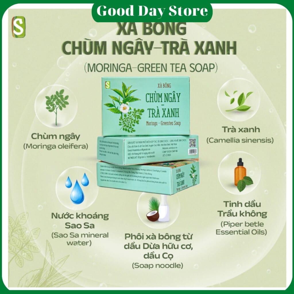 Xà Bông Chùm Ngây Trà Xanh Sinh Dược - Thoáng Mát, Dịu Nhẹ, Thanh Lọc Da Tự Nhiên